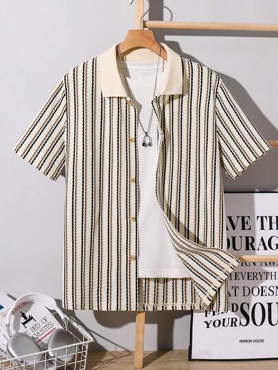 Striped Crochet Teen Boys' Casual Shirt, Comfortable, Fashionable & Versatile For Beach Vacation, School, Daily Wear, And Spring/Summer Casual Classic Striped Collar Short Sleeve Shirt, Versatile For Commuting, School, Everyday Wear, Sports, Suitable For Spring/Summer