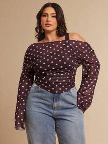 SHEIN BAE Top de Manga Longa Assimétrica Marrom Plus Size para Mulheres, Top Marrom com Bolinhas 2 em 1, Elegante para Festa de Formatura, Natal, Ano Novo, Festa Elegante