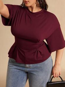 SHEIN BAE 大码女式酒红色短袖收腰上衣 - 酒紅色 - 查看 3