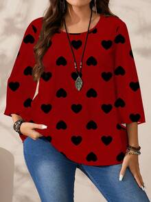 EMERY ROSE Áo kiểu nữ cỡ lớn in hình trái tim khắp thân áo, dáng rộng, cổ tròn, tay lỡ 3/4, phong cách lãng mạn, thích hợp làm quà tặng ngày Valentine. - Đỏ - Xem 3