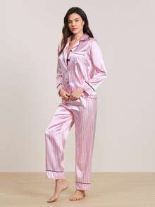 Set de 2 piezas de pijama de mujer con rayas rosas de manga larga - Rosa - Ver 3