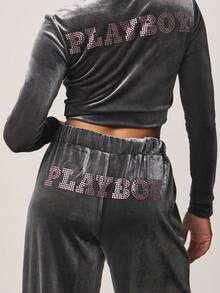 Missguided x Playboy Weite Samt-Jogginghose mit Kordelzug, Strass-Logo-Detail und elastischem Bund, lässige Loungehose - Grau - Übersicht 6