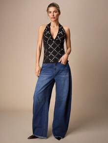 Maija Áo nữ thời trang cổ yếm hở lưng màu đen đính sequin họa tiết kim loại, thích hợp đi chơi, dự tiệc, lễ hội, ngày Valentine, mùa xuân đến hè. - màu đen - Xem 2