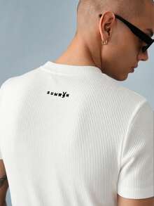 PLAYBOY X SUMWON Ribbed Muscle Fit Tee With Bunny Logo Design Essential Crew Neck Basic Summer Casual Shirt - White - View 4