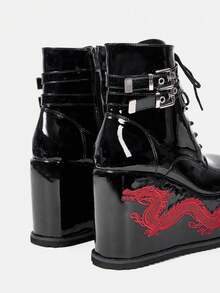 Sugerpunk Women's Chinese Dragon Pattern Grommet Design Chunky Heel Glossy Short Boots Valentine's Day - Black - View 2