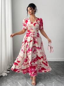 Elenzga 大码泡泡袖褶皱V领收腰修身连衣裙 - 玫紅色 - 查看 4