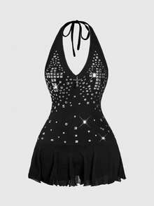 ROMWE Grunge Punk Đầm ngắn hở lưng gợi cảm họa tiết chữ thập dành cho nữ, phù hợp với lễ hội âm nhạc Y2K. - màu đen - Xem 1