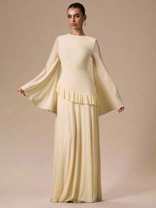 SHEIN BAE Autumn/Winter Solid Color Cream Yellow Slim Fit Long Sleeve Ruffle Hem Maxi Dress, Suitable For Cocktail Party, Romantic Date, Gathering, Formal Event, Bridesmaid Dress, Elegant Dress, Halloween Dress, Christmas Dress, New Year, Valentine's Day - Light Yellow - View 3