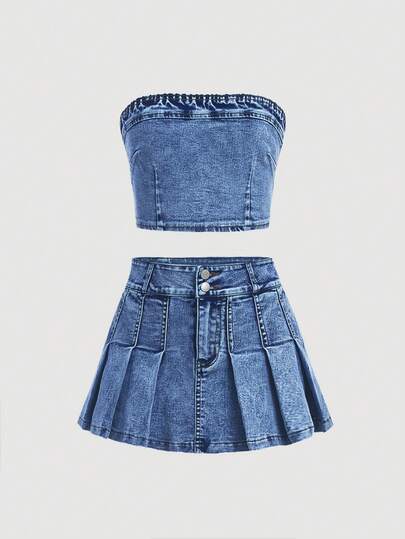 SHEIN Girlism Tween Girls' Y2K Trending Stonewashed Strapless Pressed Pleat Denim Skirt Set,Girls Back To School Streetwear Two Pieces Outfits