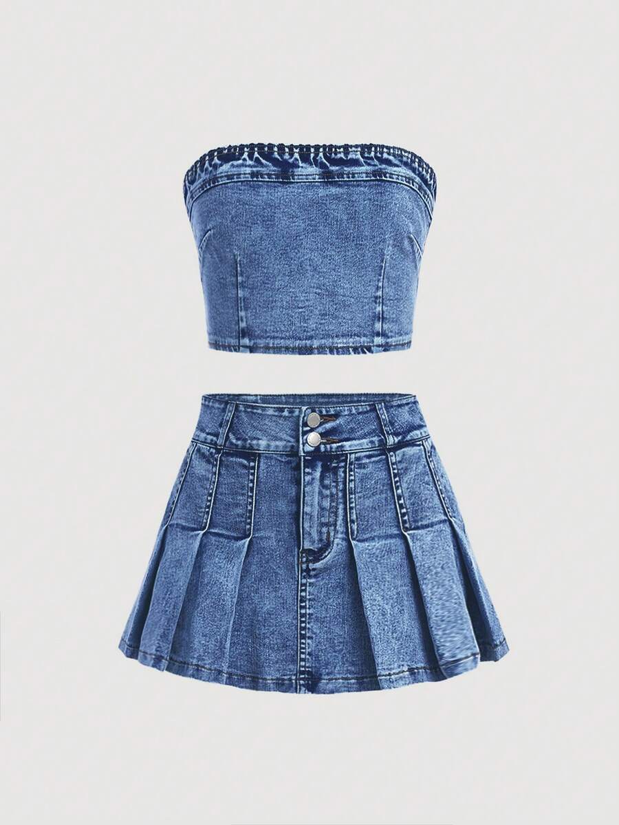 SHEIN Girlism Tween Girls' Y2K Trending Stonewashed Strapless Pressed Pleat Denim Skirt Set,Girls Back To School Streetwear Two Pieces Outfits - Dark Wash - View 1