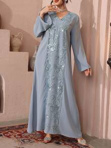 Al Najma Đầm dài tay dáng rộng, màu trơn, cổ chữ V, phối sequin, trang nhã. - Màu xanh lam - Xem 6