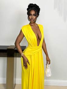 Xyvia Đầm dài nữ màu trơn, kiểu dáng xoắn, đầm midi ôm sát cơ thể với chất liệu dệt kim. - Màu vàng - Xem 6