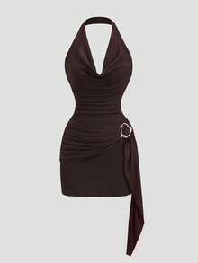 Sweetra Women's Elegant Draped Neck Short Fitted Textured Dress With Draped Neck And Ruffle Tie Design