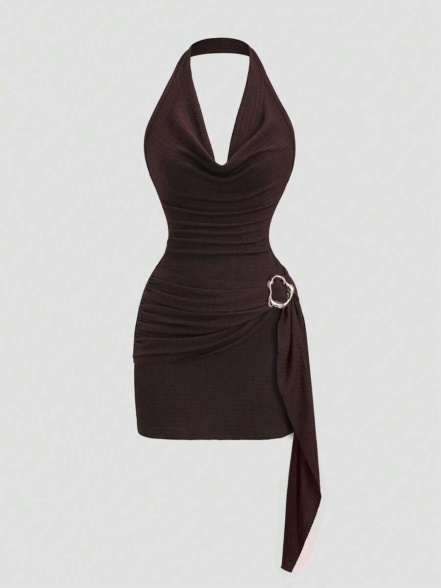 Sweetra Women's Elegant Draped Neck Short Fitted Textured Dress With Draped Neck And Ruffle Tie Design