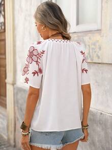 Brillora Women's V-Neck Casual Printed Blouse With Tassel Decor, Suitable For Outdoor & Holiday, Spring/Summer, Spring, Summer Holiday, White - Multicolor - View 3