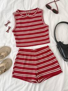 SHEIN Tween Girls Burgundy Striped Knit Tank Top Co-Ords Set Cute Round Neck Tank With Shorts 2pcs Summer Outfit - Burgundy - View 3