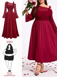 SHEIN CURVE+ Elegant Plus Size Burgundy Midi Dress With Asymmetrical Neck And Flare Wrist Length Sleeves Semi Sheer Shirred Knitted Fabric A Line Flared Hem - Burgundy - View 1