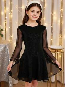 1pc Girls Crew Neck Long Sleeve Knit Dress, Elastic Metallic Yarn Fabric, Casual & Party Wear, Autumn Long Sleeve Dresses Black Dress For Tweens Black Dresses Teen Girls Elegant Dresses - Black - View 1
