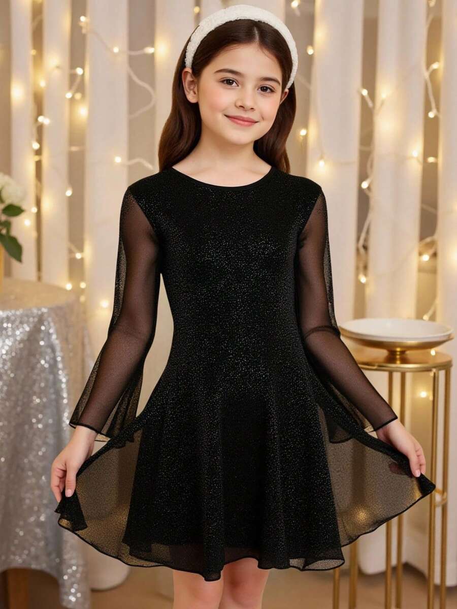 1pc Girls Crew Neck Long Sleeve Knit Dress, Elastic Metallic Yarn Fabric, Casual & Party Wear, Autumn Long Sleeve Dresses Black Dress For Tweens Black Dresses Teen Girls Elegant Dresses - Black - View 1