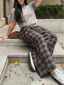 Dazy Plus 大尺碼女款格紋鬆緊腰抽繩寬鬆直筒休閒長褲，街頭風校園風 - 棕色 - 查看 6