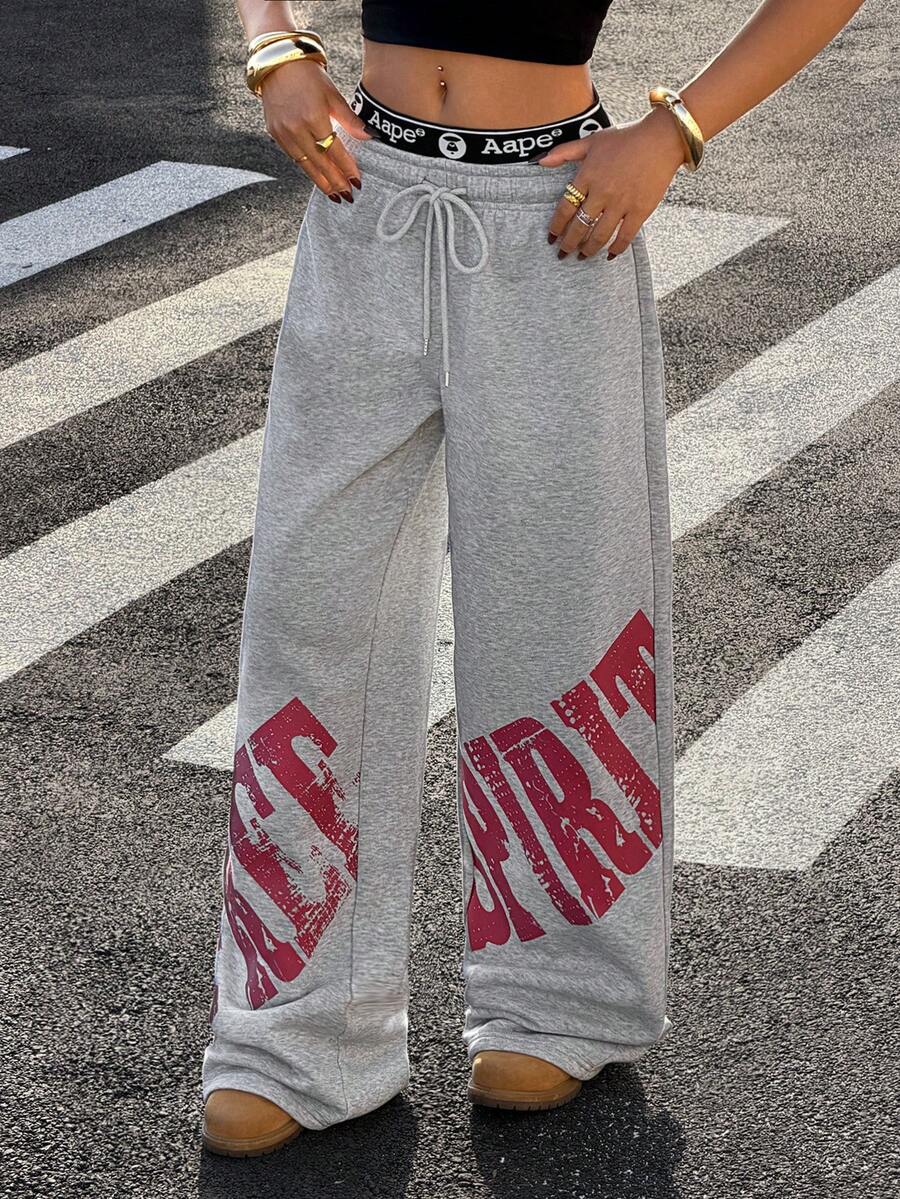 Muchica Women's Grey Letter Print Drawstring Waist Knit Casual Pants - Grey - View 1