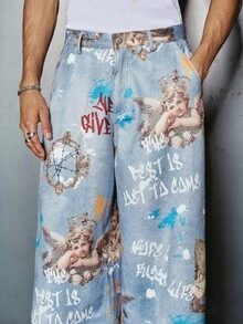 PAVTROS Men Wide Leg Pants,Streetwear Hot Selling INS Style Pants,Daily Boyfriend/Husband Gift,Anniversary Gift, Christmas Outfits,Retro Artistic Graffiti Angelic Prints Baggy Jeans - Blue - View 5