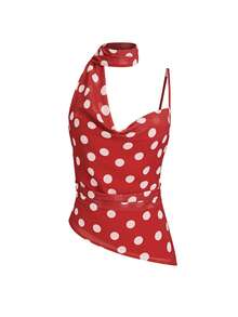 GlowEve 夏季女士红白波点雪纺不对称荷叶边领口上衣和迷你裙两件套 - 紅色 - 查看 4