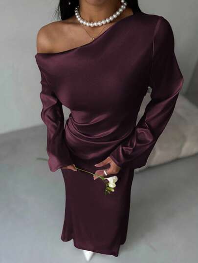 Aloruh Alla hjärtans dag minimalistisk högkvalitativ taftklänning med asymmetrisk axel och rynkade utsvängda ärmar, lång midja med fisksvans