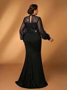 Serin Plus Size Elegant Black Winter Formal Wedding Mermaid Hem Dress,Teardrop Collar Puff Sleeve Sequin Patchwork Applique Mother Of The Bride Party Gown - Black - View 3