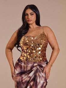 SHEIN BAE Áo hai dây đính sequin cỡ lớn dành cho nữ, ấm áp cho mùa thu và mùa đông, trang phục Halloween, áo thanh lịch dự tiệc, áo gợi cảm cho câu lạc bộ, phong cách ấm áp mùa thu và mùa đông, trang phục Halloween cỡ lớn, áo trang trọng cho nữ, áo dự tiệc cưới. - Rượu sâm banh - Xem 3