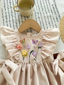 LMoss Kids Baby Girl Woven Floral Pattern Round Neck Ruffle Hem Casual Dress - Khaki - View 3