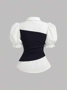 SHEIN Girlism 少女两件套针织撞色翻领短袖衬衫和裤子，休闲都市风拼接撞色两件套衬衫和阔腿裤套装 - 藍白色 - 查看 5