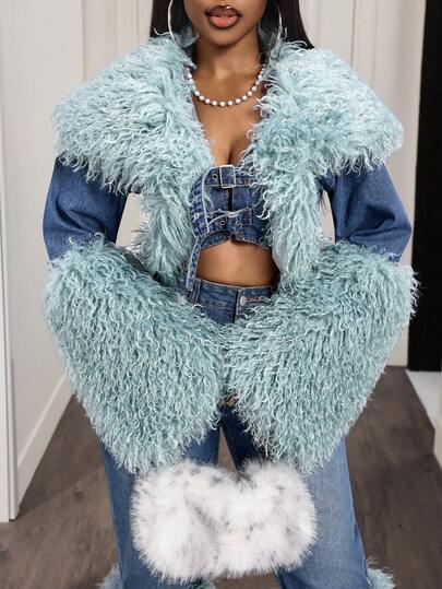 Slaydiva Women's Fashion Street Style Patchwork Faux Fur Button Denim Fur Jacket