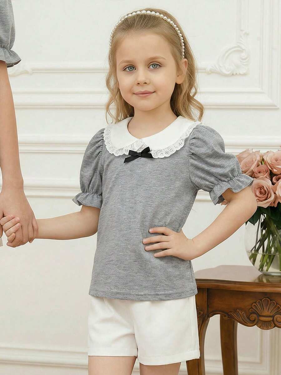 PrepCrw Camiseta de manga abullonada con cuello Peter Pan, decoración de lazo y contraste de color, estilo preppy para niñas jóvenes - Gris - Ver 1