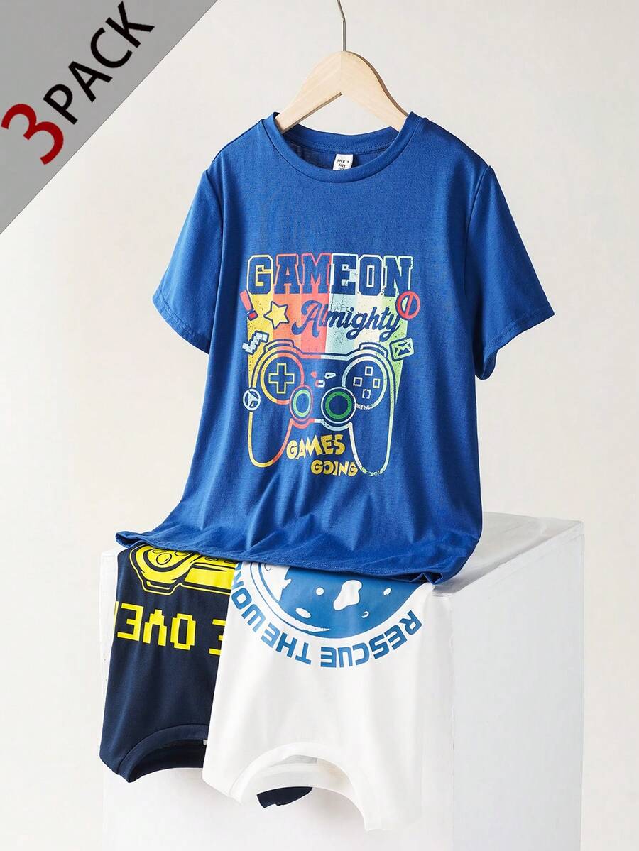 SHEIN 3件套男童休闲简约时尚经典酷炫游戏机图案印花舒适短袖T恤，适合春夏穿着，居家、户外皆宜，兄弟装，买二送一