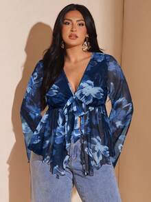 SHEIN BAE 大码女式春夏花卉印花网眼喇叭袖衬衫 - 藏蓝色 - 查看 5