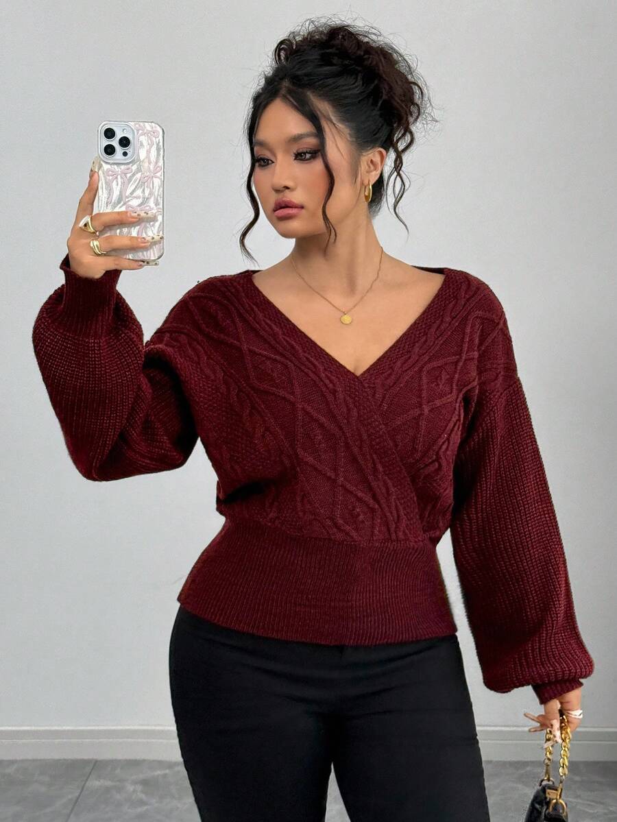 Elenzga 加大码纯色交叉 V 领扭纹针织休闲百搭通勤日常套头毛衣，适合秋冬季 - 巧克力棕 - 查看 1