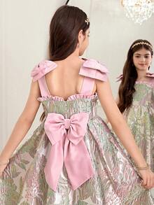 SHEIN Tween Girl Beaded Shoulder Bow Back Butterfly Jacquard Sleeveless Dress