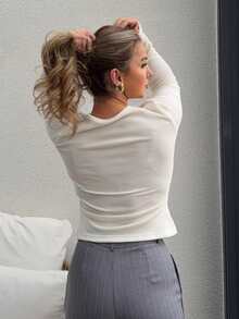 Jeta Ari 拉链圆领长袖上衣，休闲度假机场休闲可爱秋季返校季秋冬派对必备，优雅 - 白色 - 查看 2