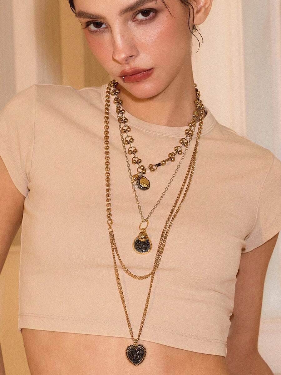 女士时尚复古吊坠项链套装，老钱风格，服饰搭配，魅力项链，优雅，金属质感/纹理，宝石镶嵌，精致高贵，适合秋冬季节，高端品质，送给妈妈/女士/女孩/母亲，复古风，金色，心形吊坠，情人节礼物 - 彩色 - 查看 1