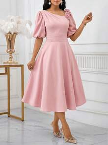 SHEIN Lady Gaun Pesta Elegan Wanita dengan Dekorasi Bunga 3D, Panjang Sedang - Berwarna merah muda - View 3