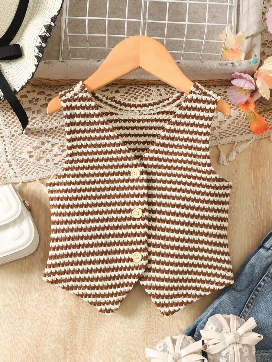 Young Girl Striped Single-Breasted Casual Knit Vest