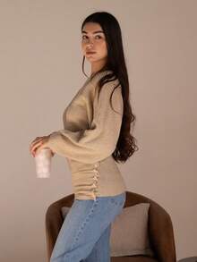 Andrea Bello Women's New Autumn/Winter Single-Piece Design Batwing Sleeve High-End Buttoned Minimalist Everyday Knit Long Sleeve Top - Apricot - View 4