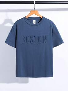 Camiseta de manga corta con patrón de letras 3D sencillo, estilo informal para niño preadolescente, adecuada para el verano, mezcla de algodón apta para uso diario, escuela, viajes, deportes y primavera-verano - Azul - Ver 3