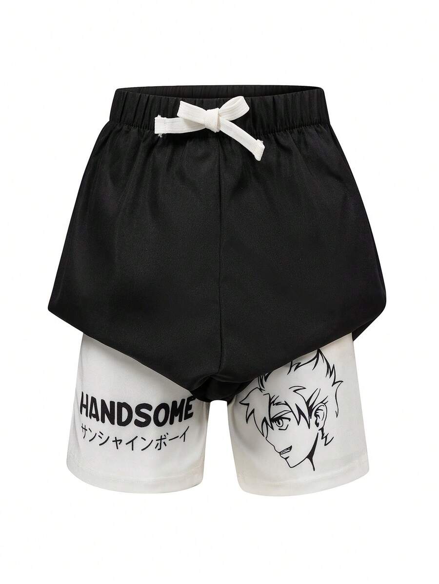 SHEIN Tween Boys Cartoon Pattern Lined Beach Shorts - Black and White - View 1