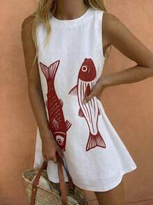 Vaclyn Women's Casual Vacation Fish Print Sleeveless Dress - Apricot - View 4