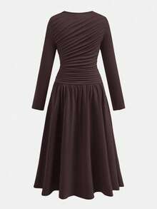 SHEIN Serisse Kids Tween Girls Solid Ruched Long Sleeve Long Dress, Casual Daily Autumn Winter Fall Clothes Elegant Dresses - Brown - View 3