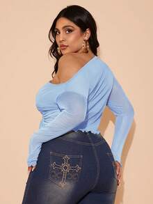 SHEIN BAE 大码女式纯色不对称领抽绳优雅长袖上衣 - 淺藍色 - 查看 2