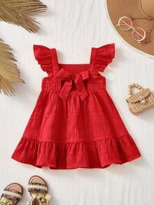 SHEIN Đầm nghỉ hè màu đỏ xếp ly cho mẹ và bé, thích hợp cho mùa hè. - Đỏ - Xem 2
