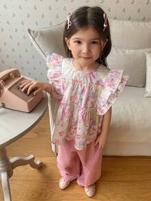 DAZY Young Girl Floral Print Round Neck Cap Sleeve Shirt And Pants Set